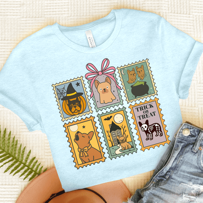 Fawn Frenchie Halloween Stamps TShirt Heather Ice Blue