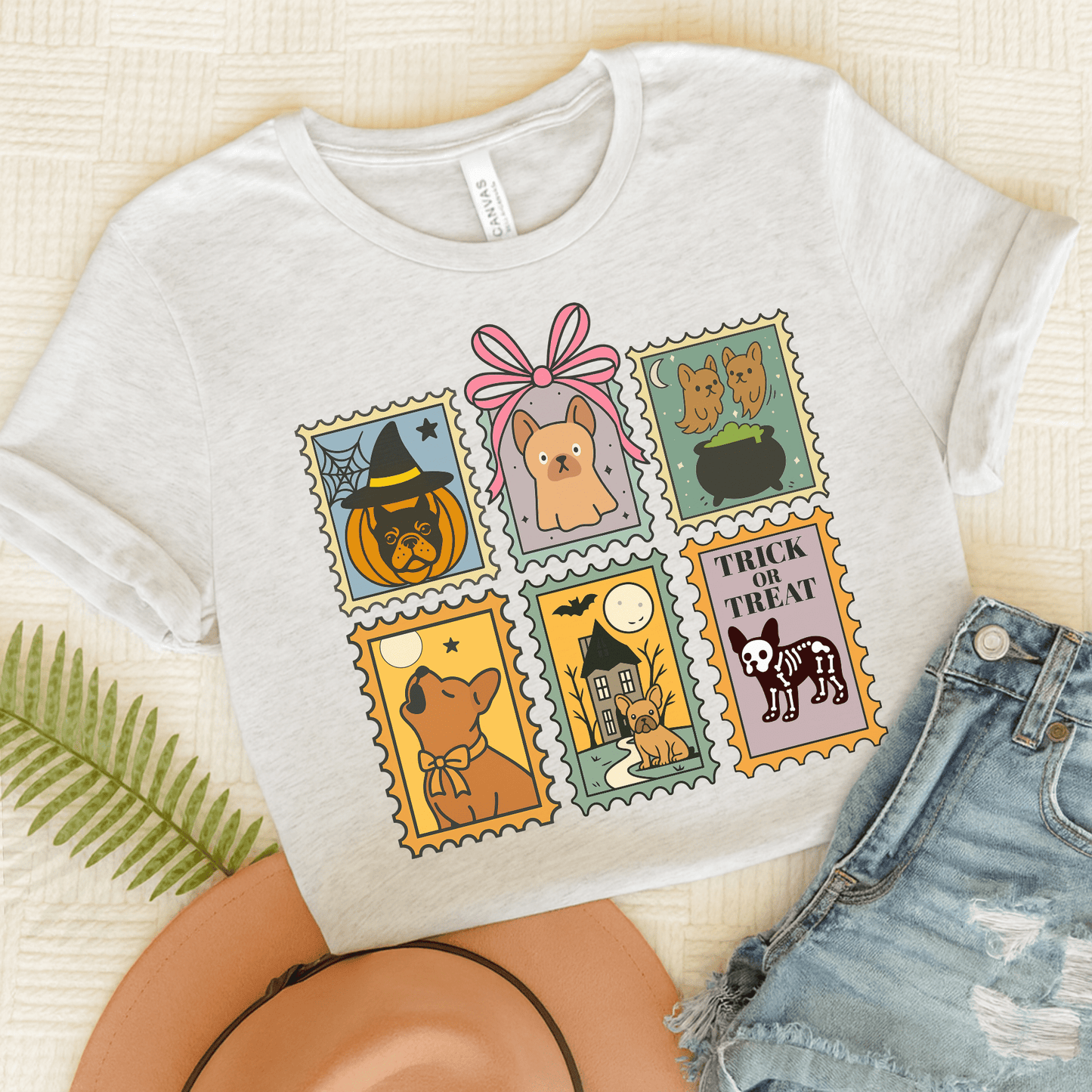 Fawn Frenchie Halloween Stamps TShirt Ash