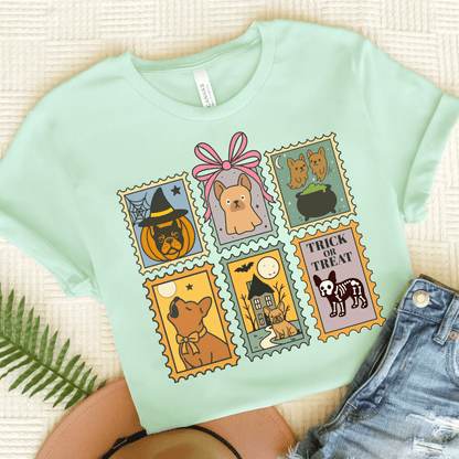 Fawn Frenchie Halloween Stamps TShirt Heather Mint