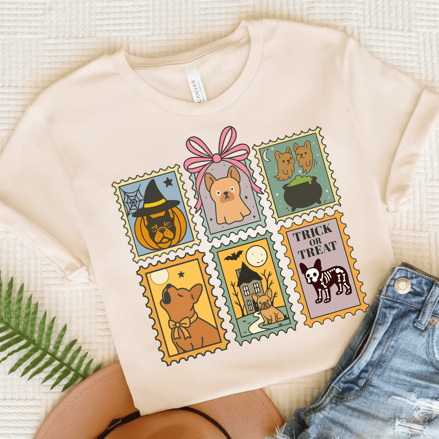 Fawn Frenchie Halloween Stamps TShirt Natural