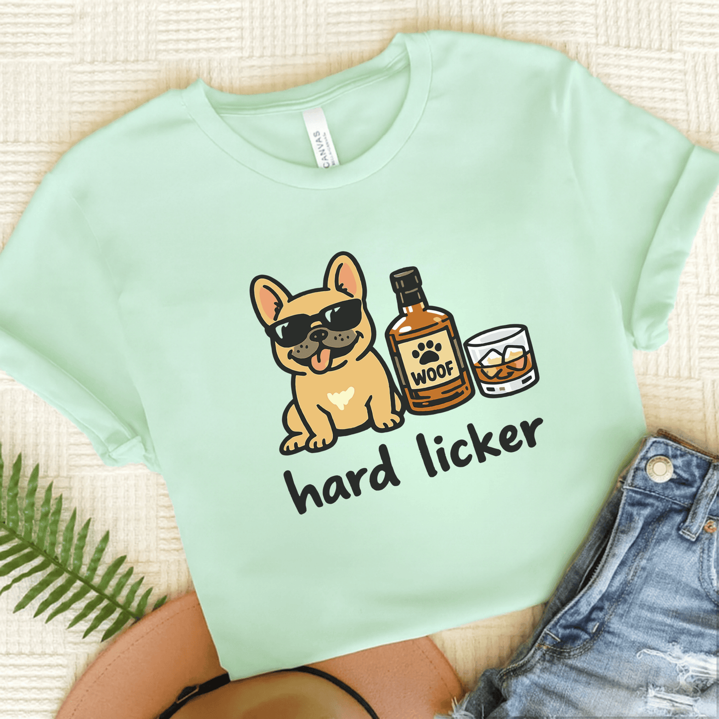 Fawn Frenchie Hard Licker Drinking Unisex TShirt Heather Mint