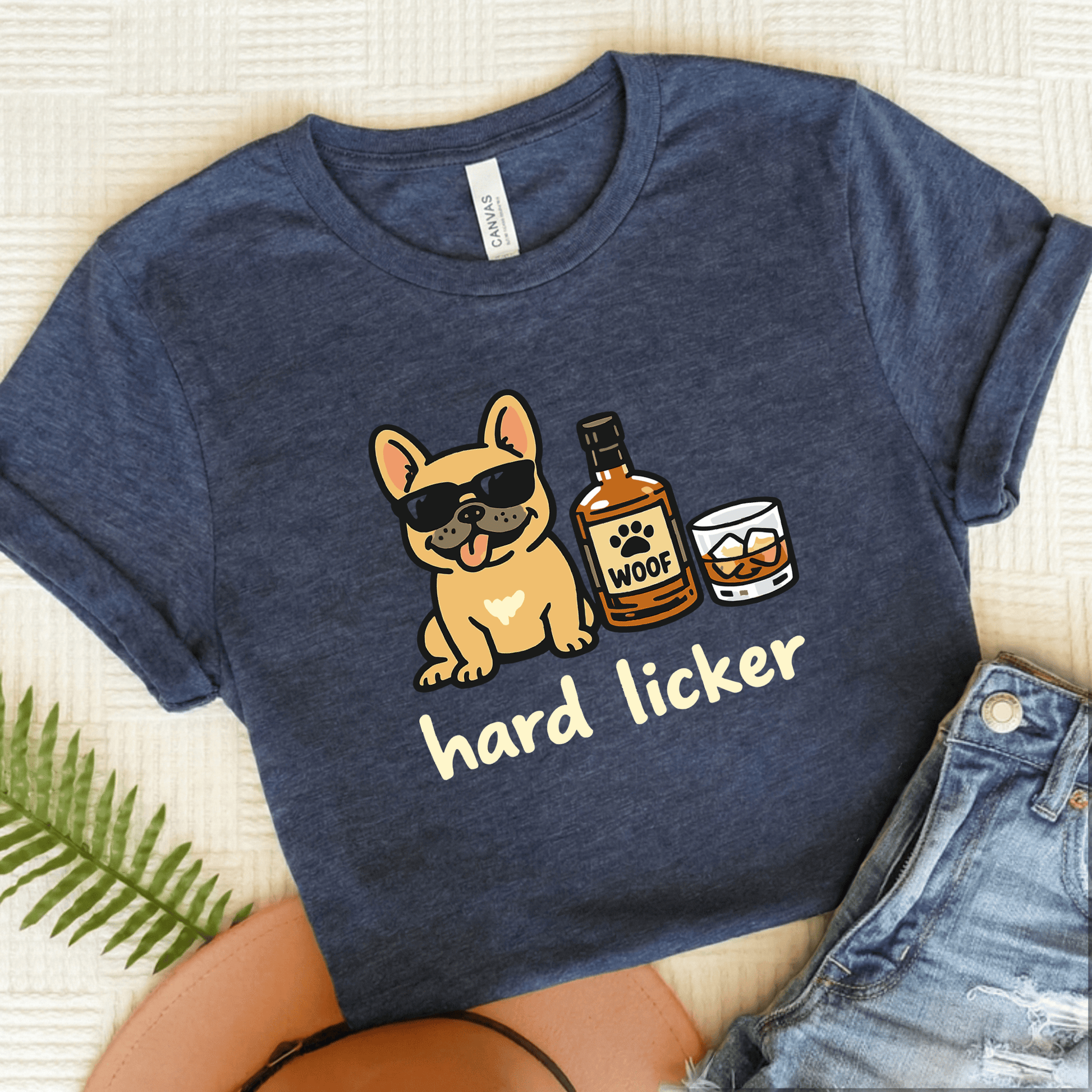 Fawn Frenchie Hard Licker Drinking Unisex TShirt Heather Navy
