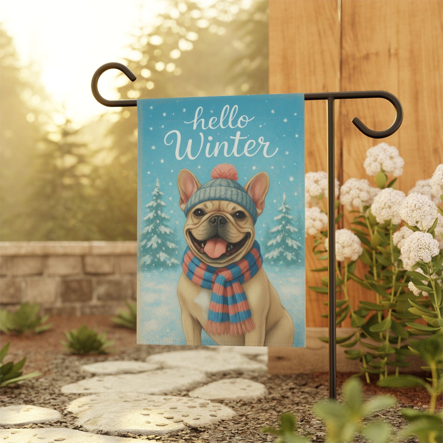 Fawn Frenchie Hello Winter Garden Flag