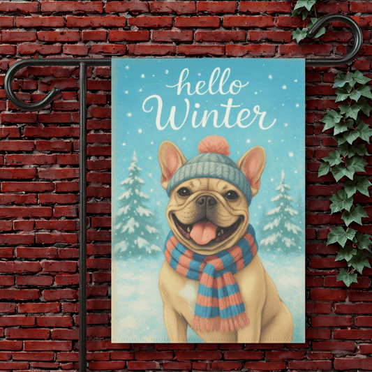 Fawn Frenchie Hello Winter Garden Flag 12'' × 18''