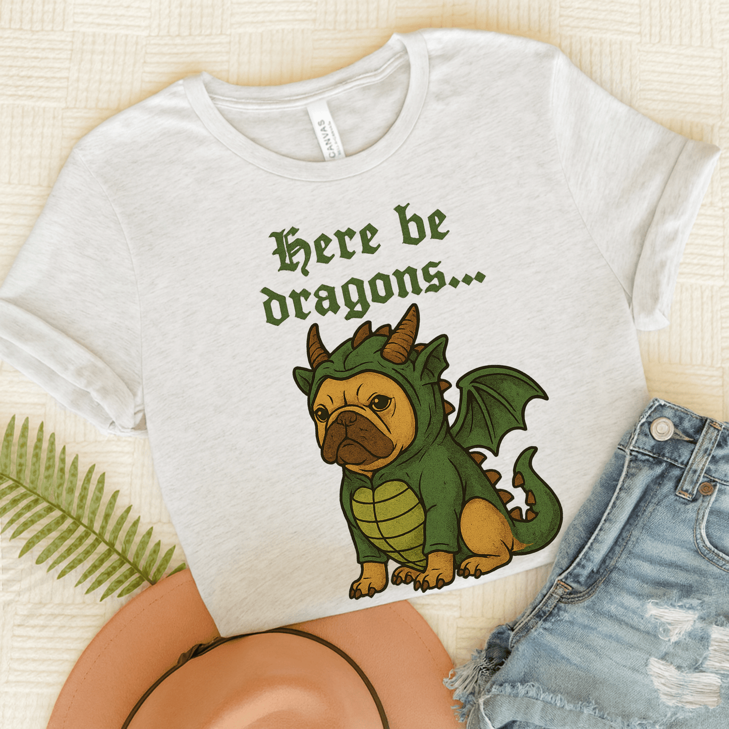 Fawn Frenchie Here Be Dragons TShirt Ash