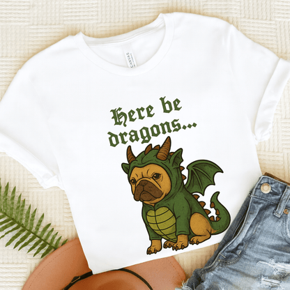 Fawn Frenchie Here Be Dragons TShirt White