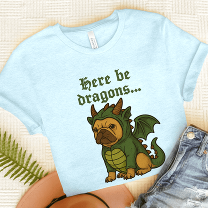 Fawn Frenchie Here Be Dragons TShirt Heather Ice Blue