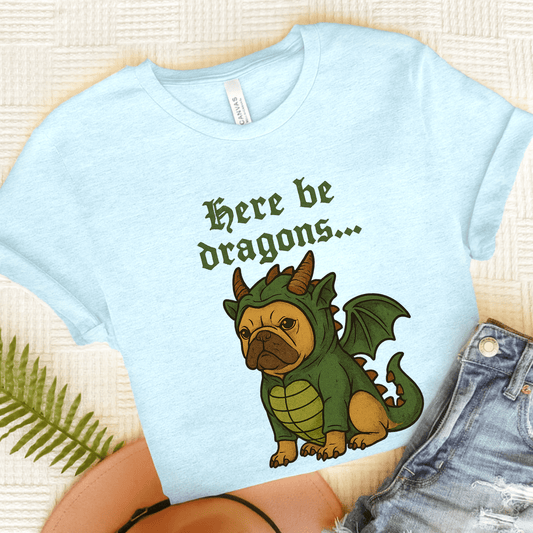 Fawn Frenchie Here Be Dragons TShirt Heather Ice Blue