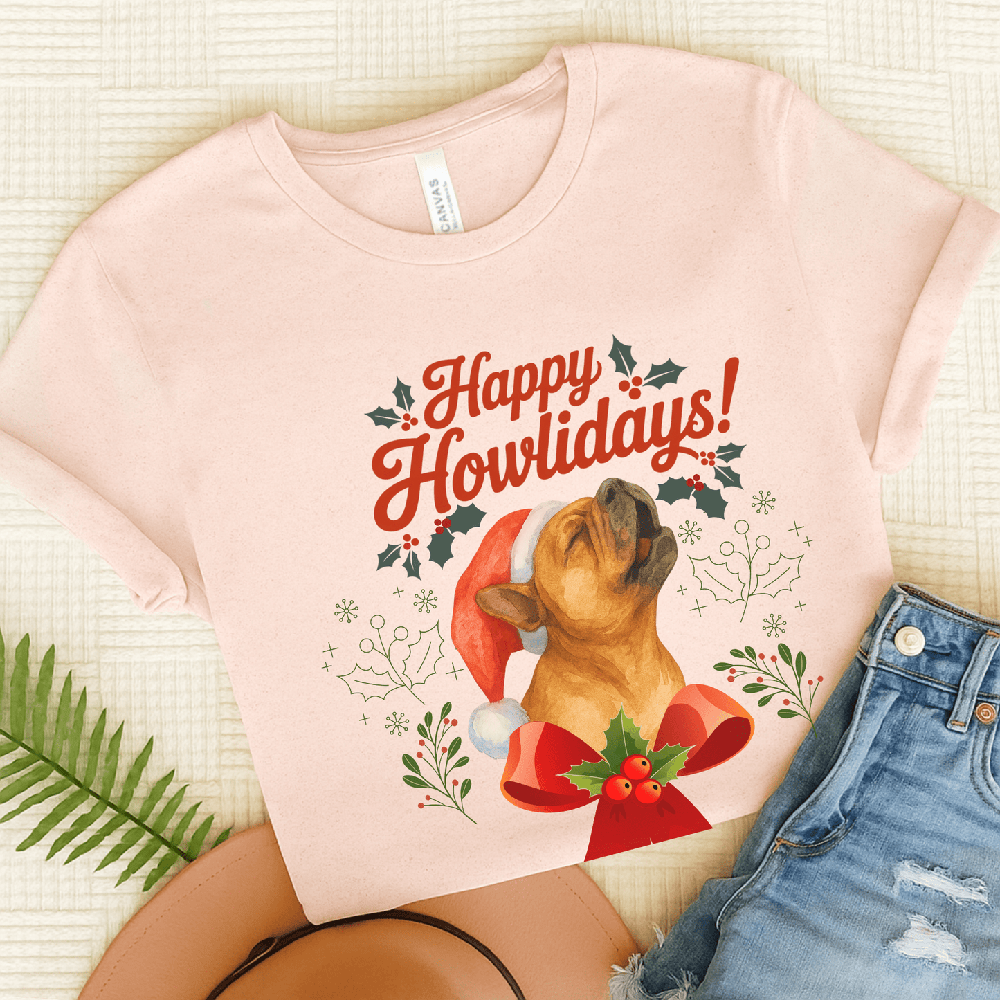 Fawn Frenchie Howlidays TShirt Soft Pink