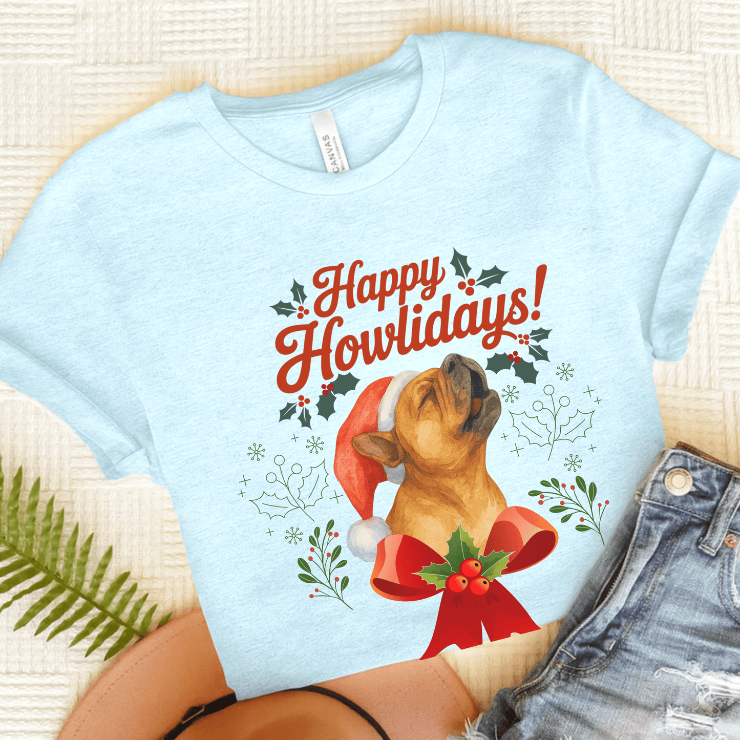 Fawn Frenchie Howlidays TShirt Heather Ice Blue