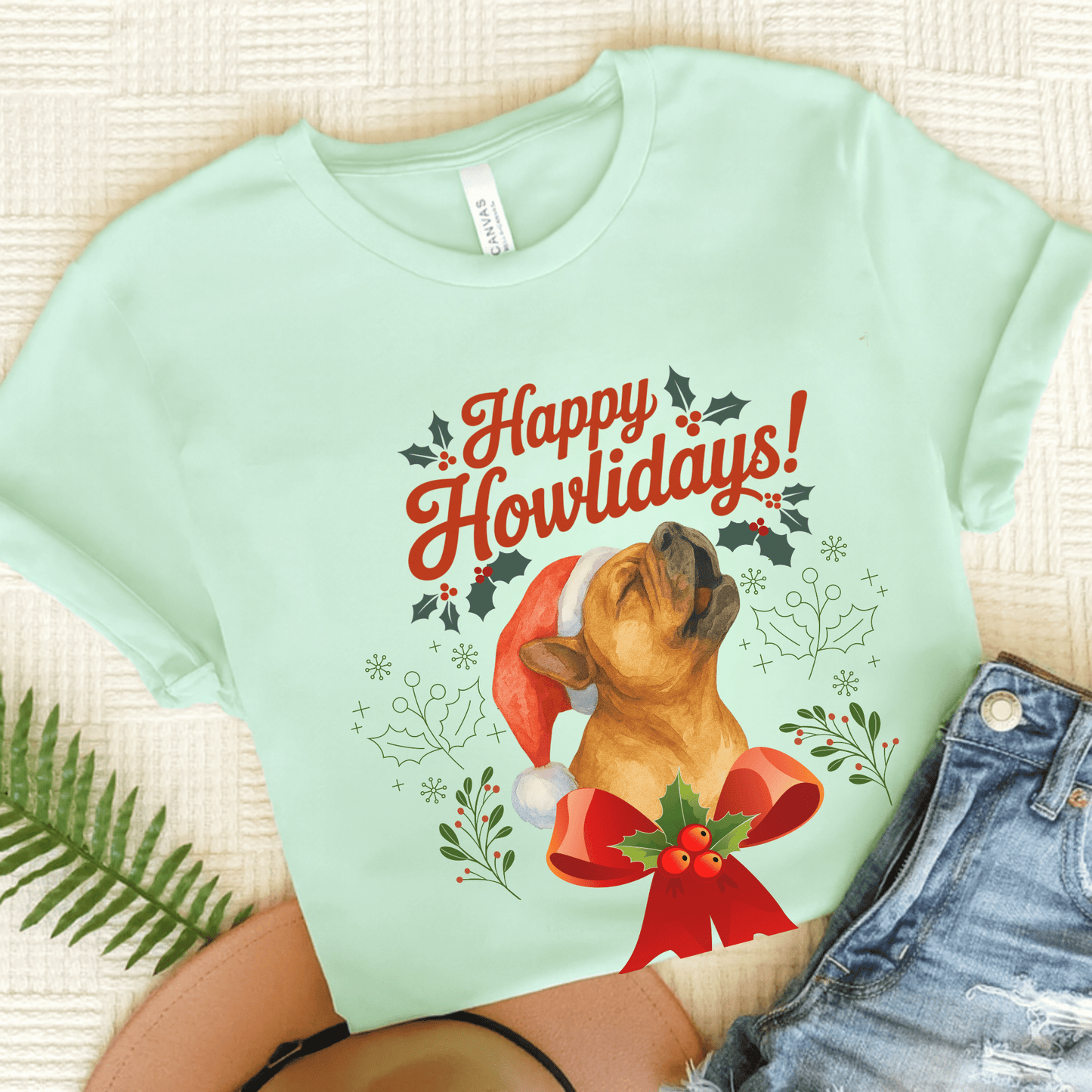 Fawn Frenchie Howlidays TShirt Heather Mint