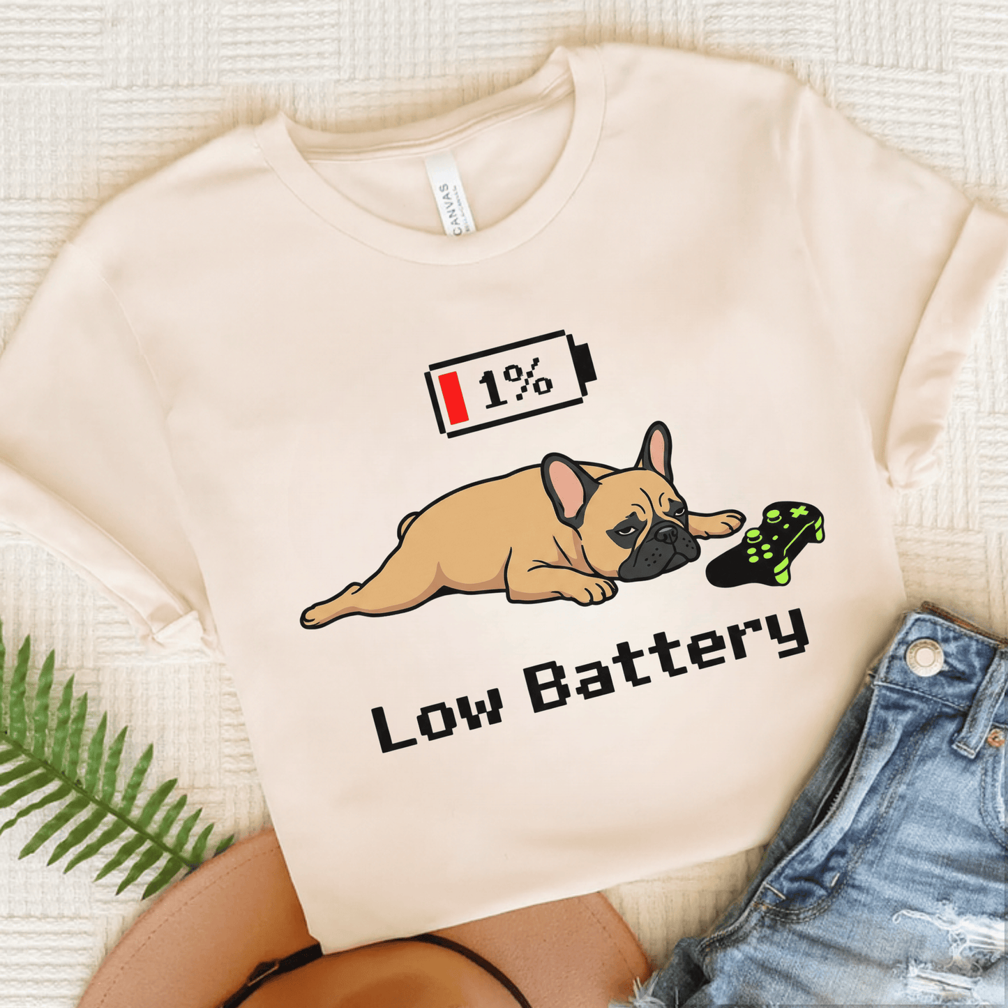 Fawn Frenchie Low Battery Gamer Unisex TShirt Natural