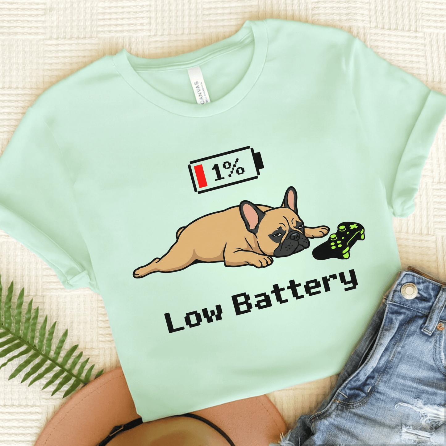 Fawn Frenchie Low Battery Gamer Unisex TShirt Heather Mint