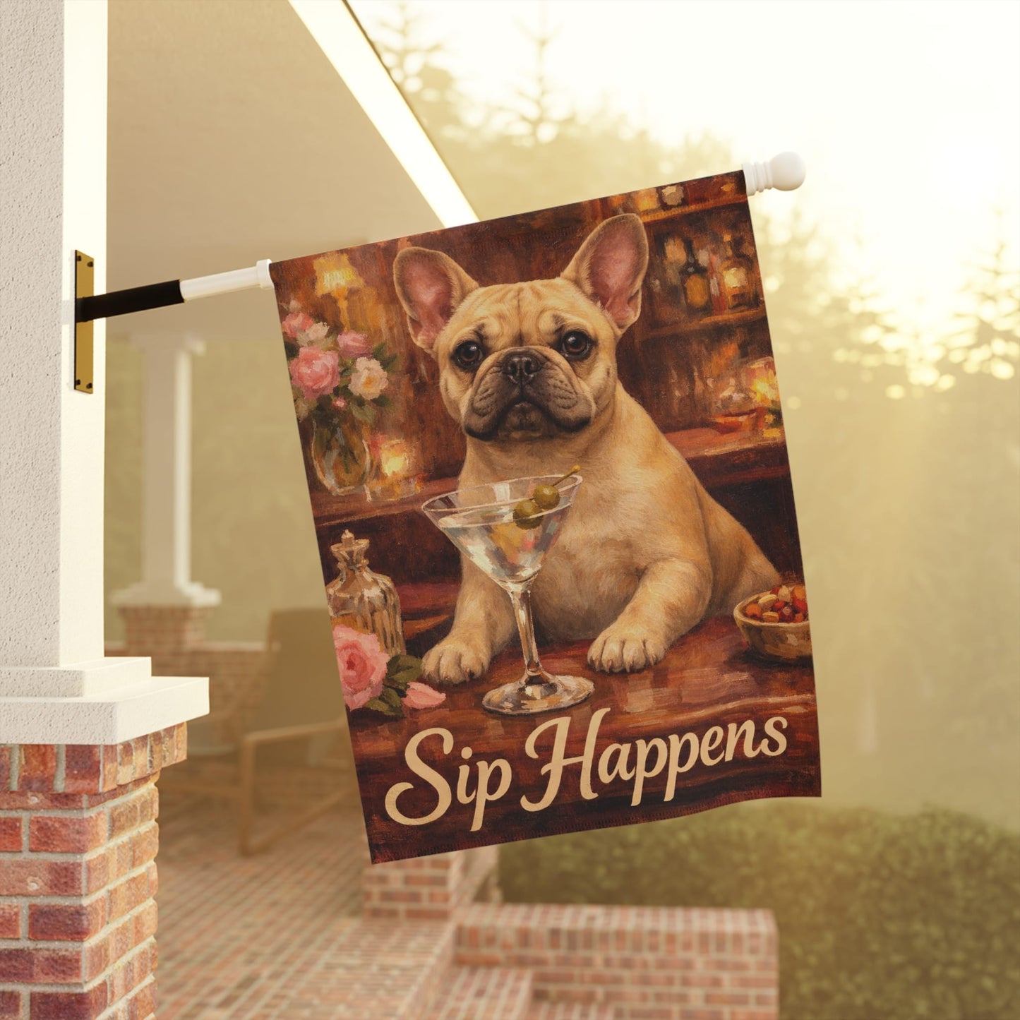 Fawn Frenchie Martini Sip Happens Garden Flag