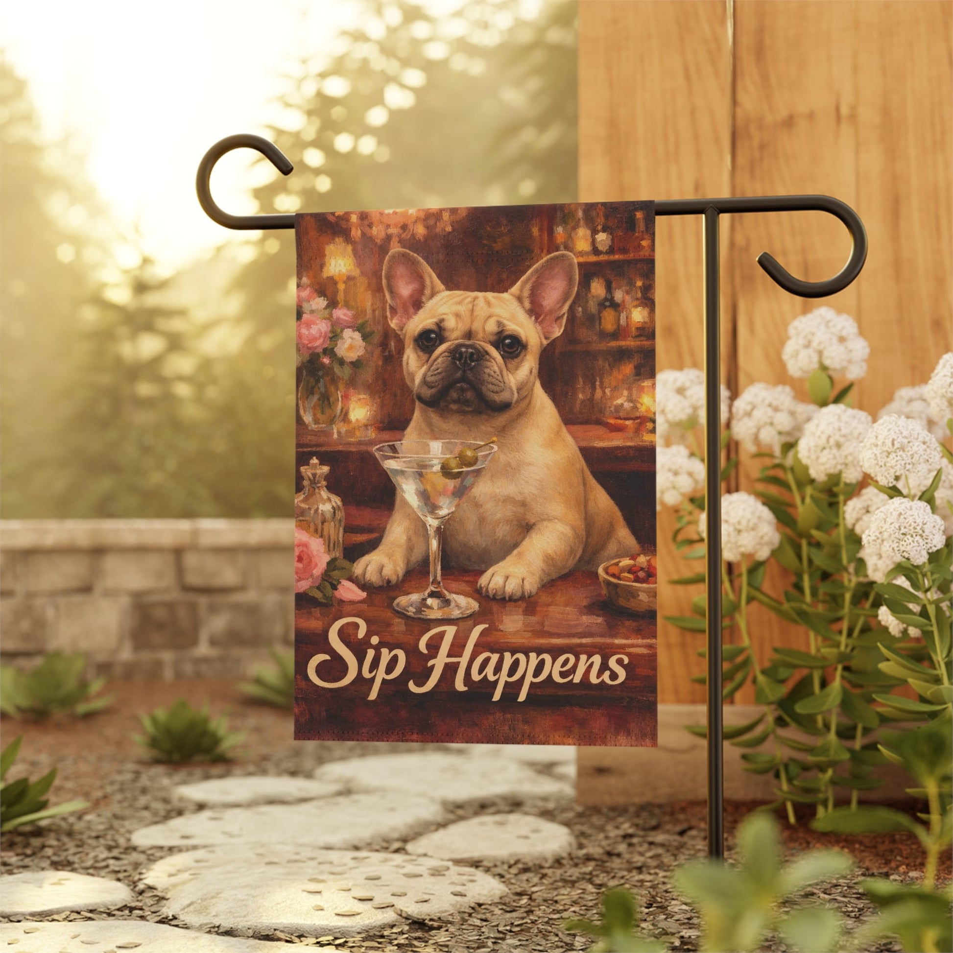 Fawn Frenchie Martini Sip Happens Garden Flag