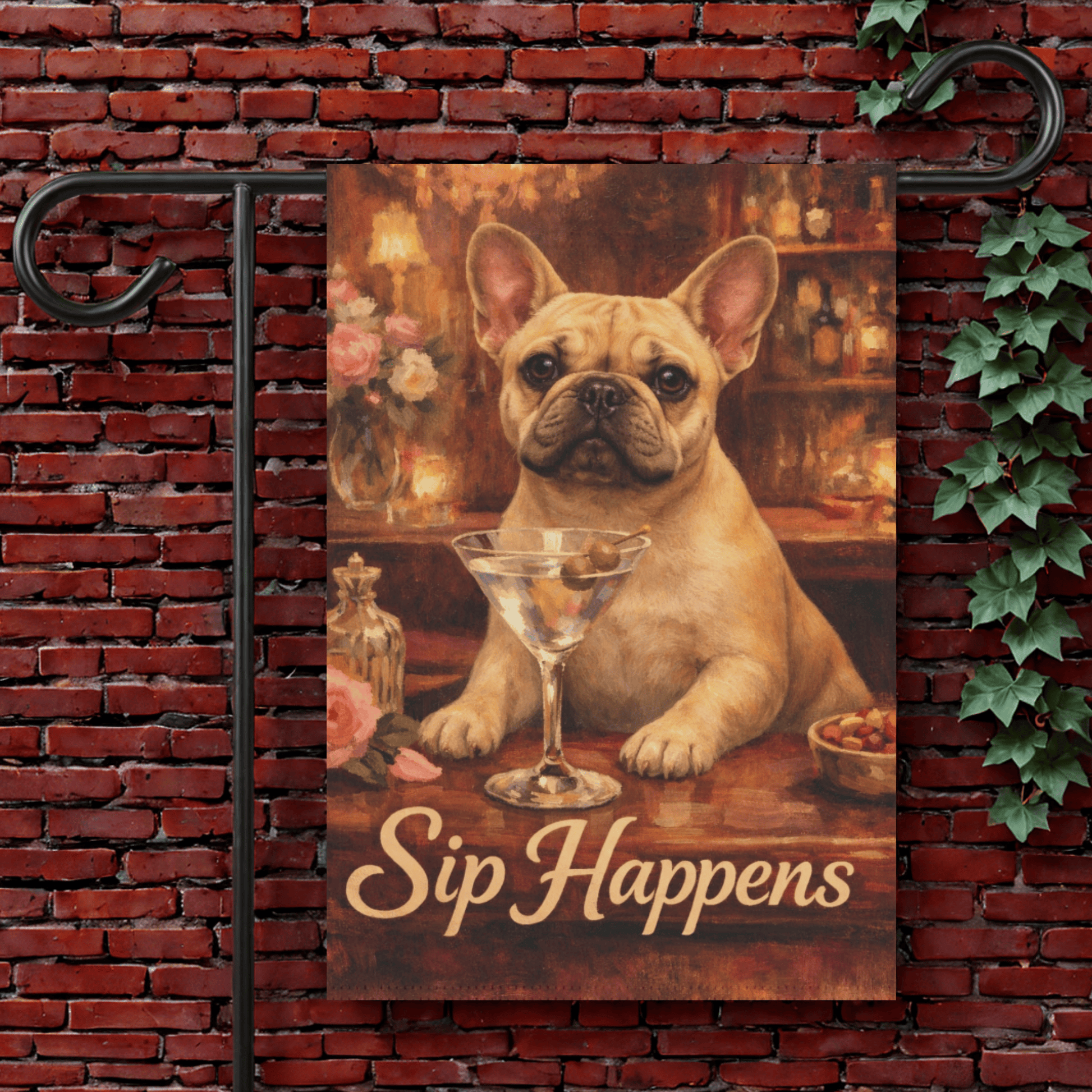 Fawn Frenchie Martini Sip Happens Garden Flag 12'' × 18''