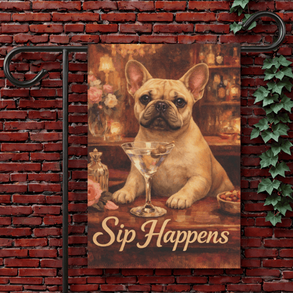 Fawn Frenchie Martini Sip Happens Garden Flag 12'' × 18''