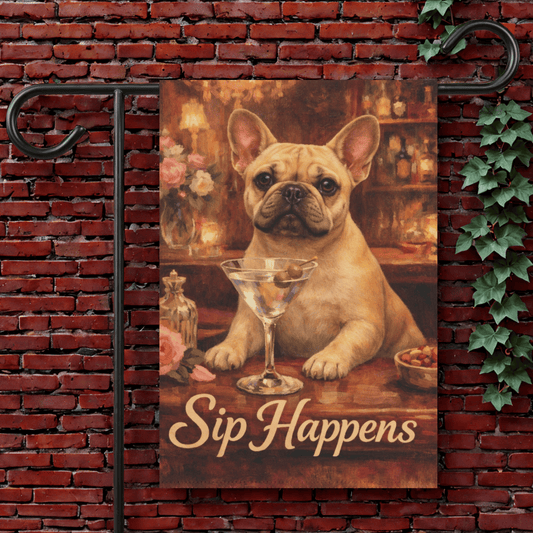 Fawn Frenchie Martini Sip Happens Garden Flag 12'' × 18''