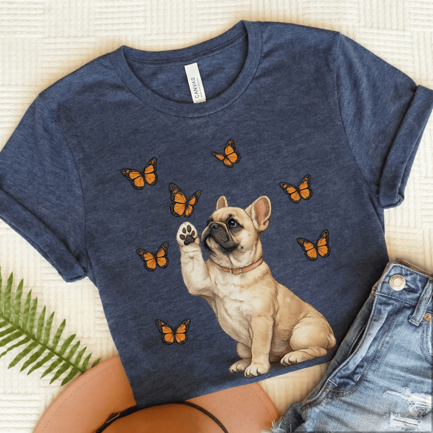 Fawn Frenchie Monarch Butterfly Unisex TShirt Heather Navy