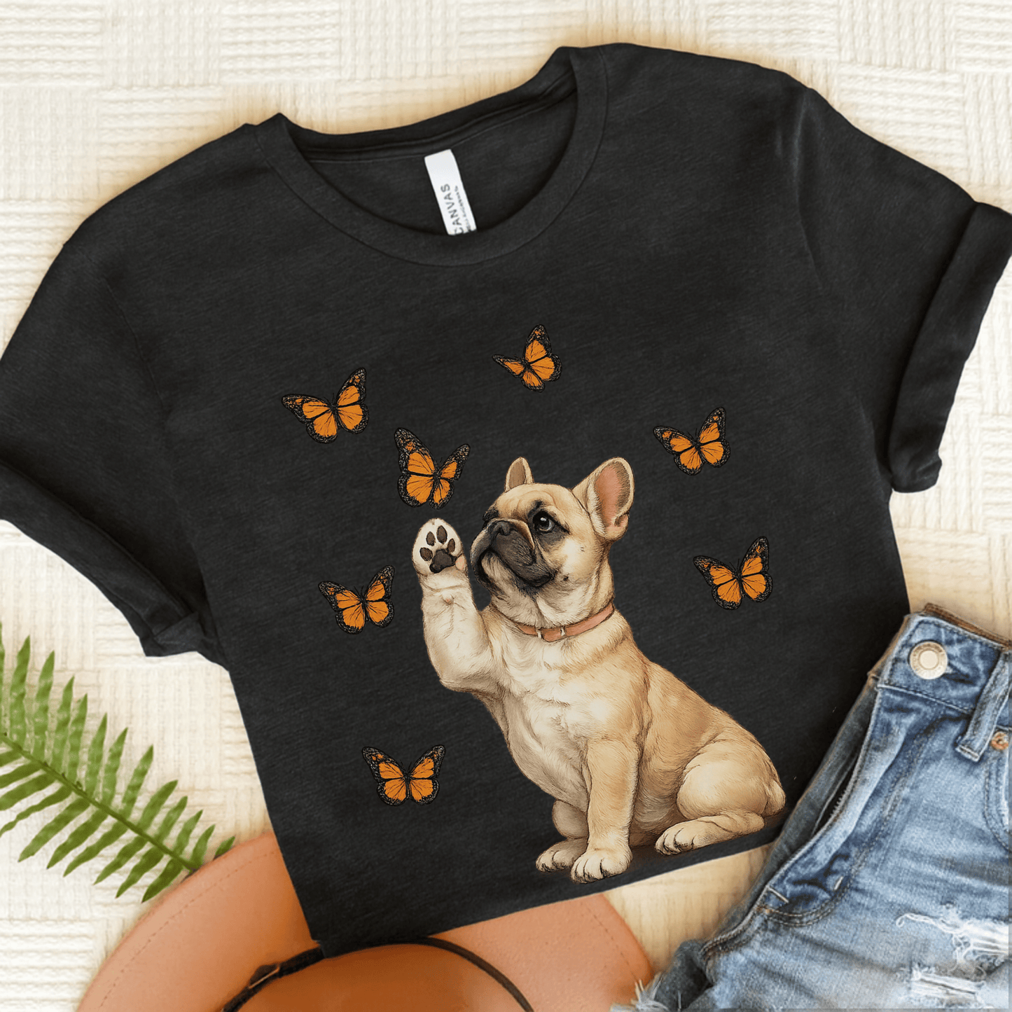 Fawn Frenchie Monarch Butterfly Unisex TShirt Black