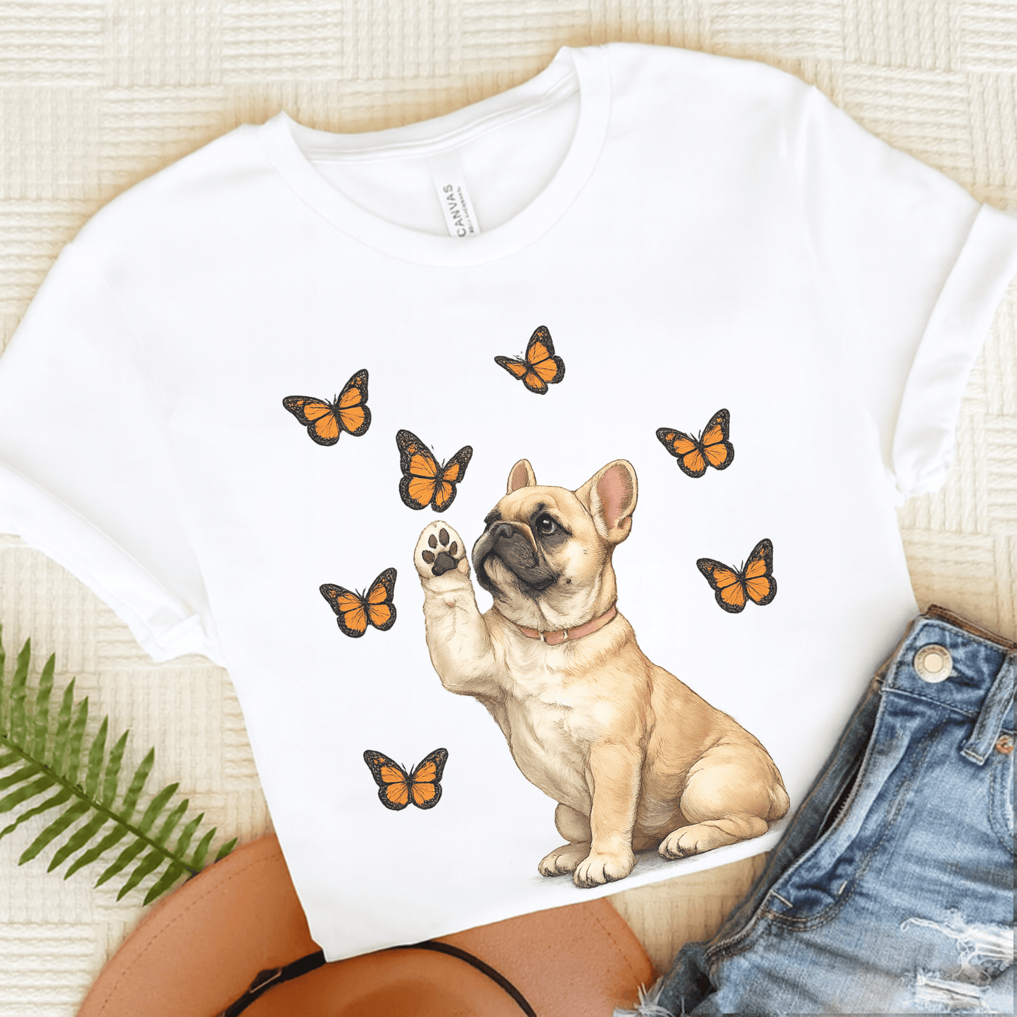 Fawn Frenchie Monarch Butterfly Unisex TShirt White