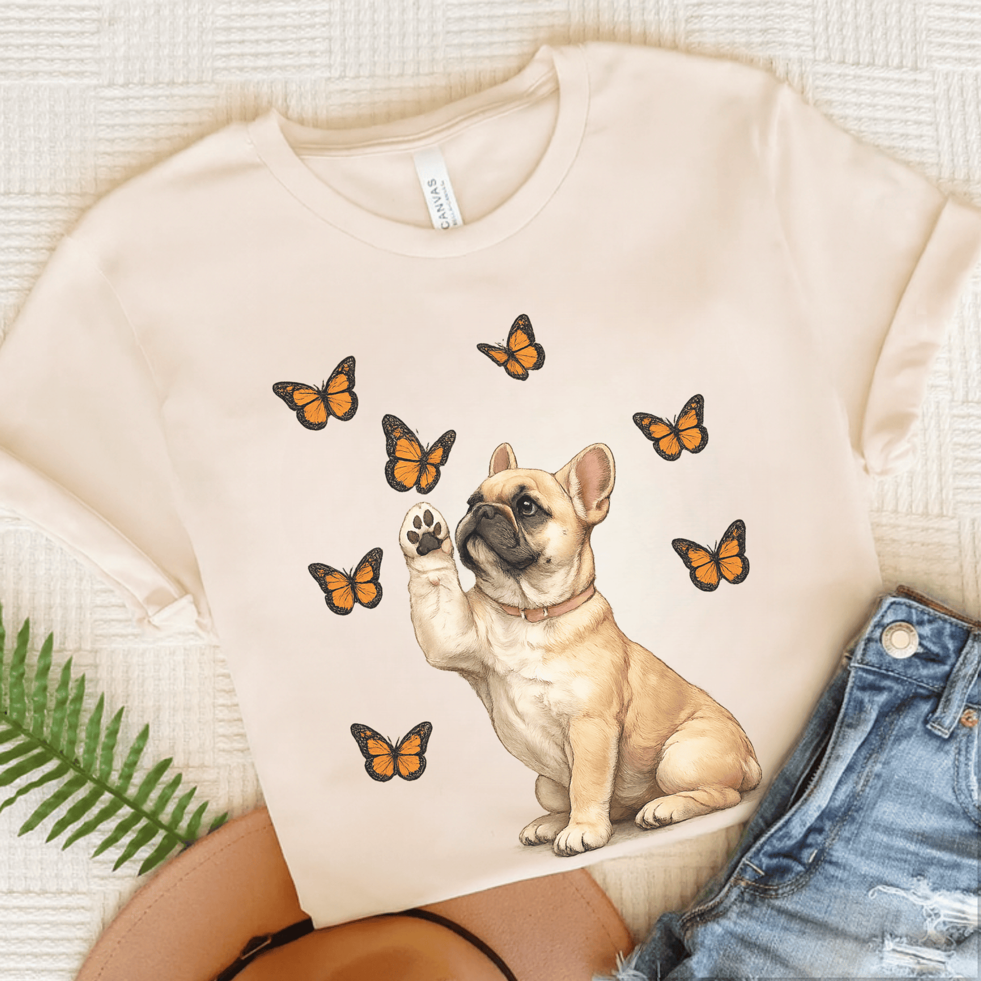 Fawn Frenchie Monarch Butterfly Unisex TShirt Natural