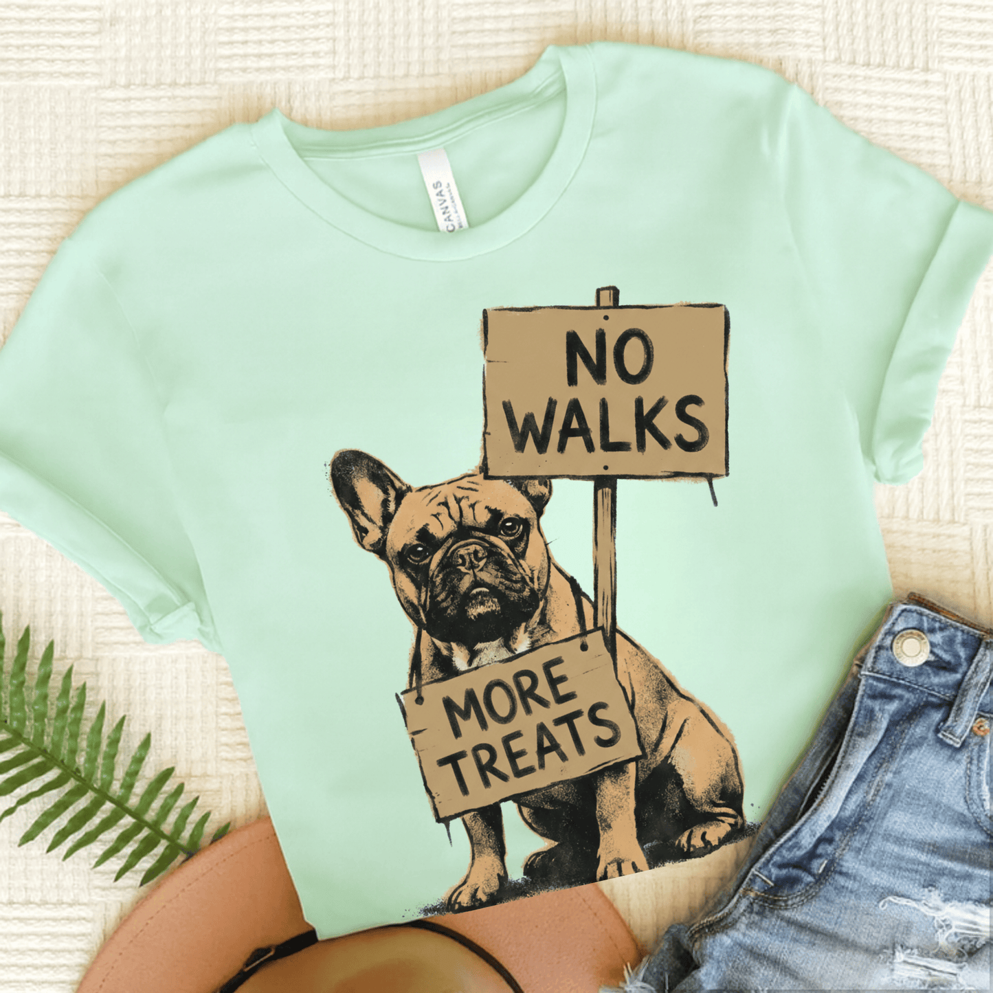 Fawn Frenchie No Walks Protest Unisex TShirt Heather Mint