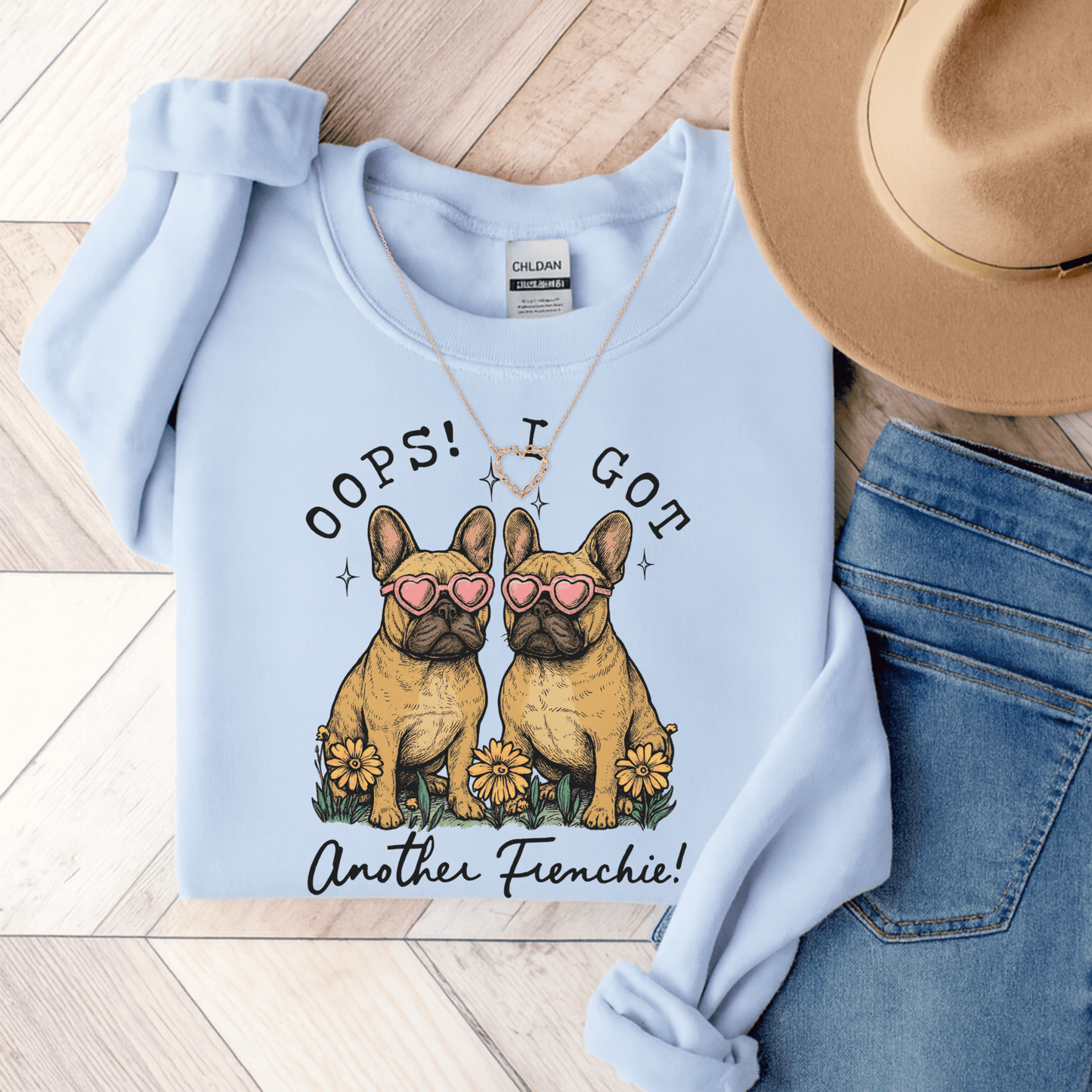 Fawn Frenchie Oops Sweatshirt Light Blue