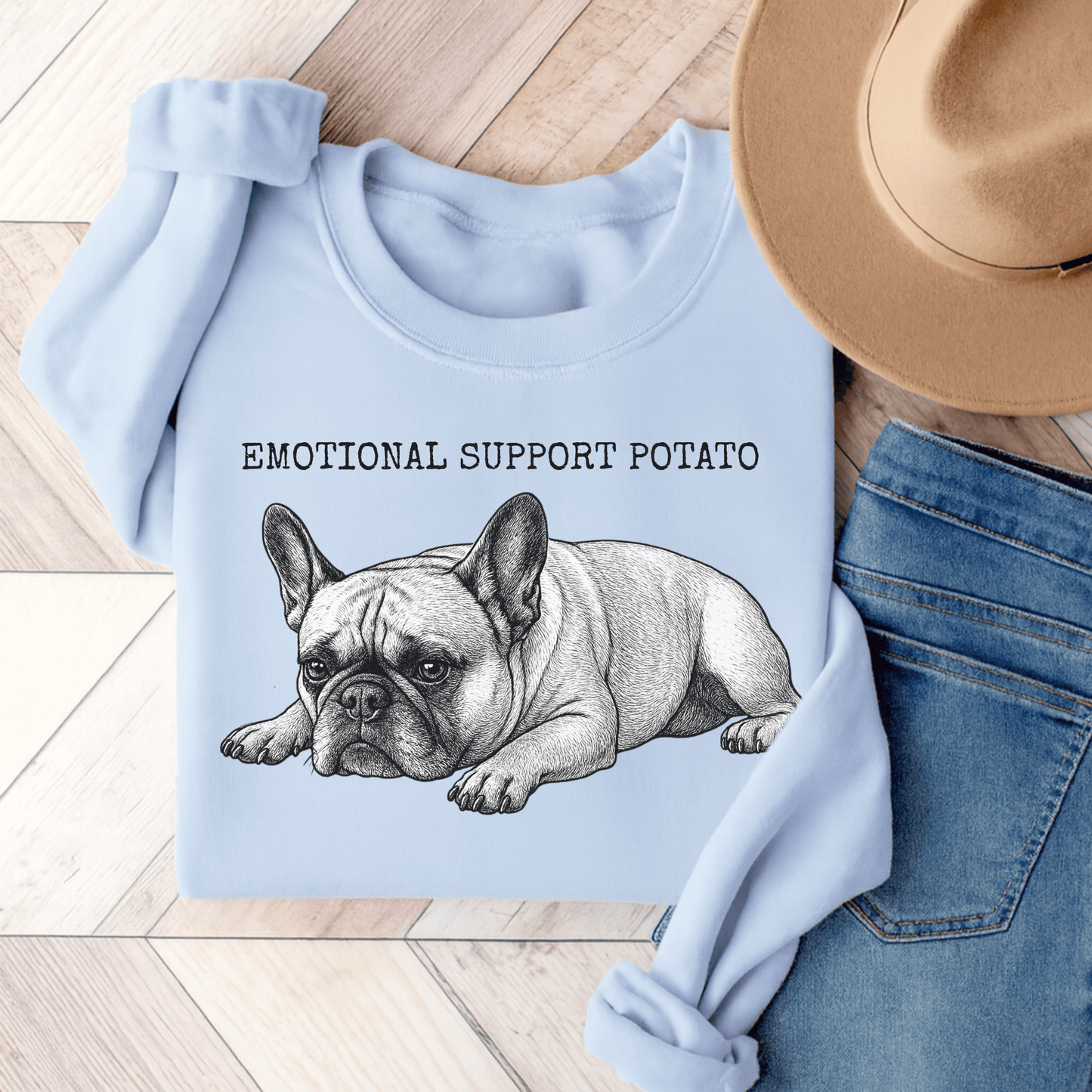 Fawn Frenchie Potato Unisex Sweatshirt Light Blue