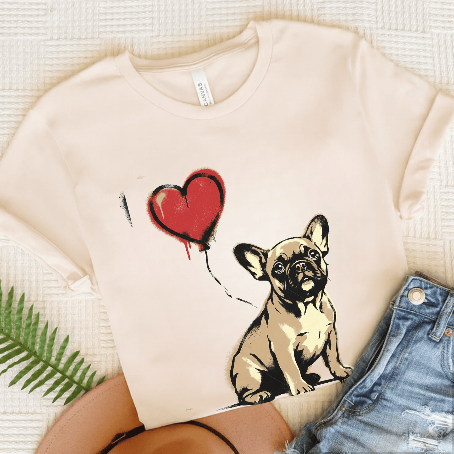 Fawn Frenchie Puppy Heart Balloon Unisex TShirt Natural