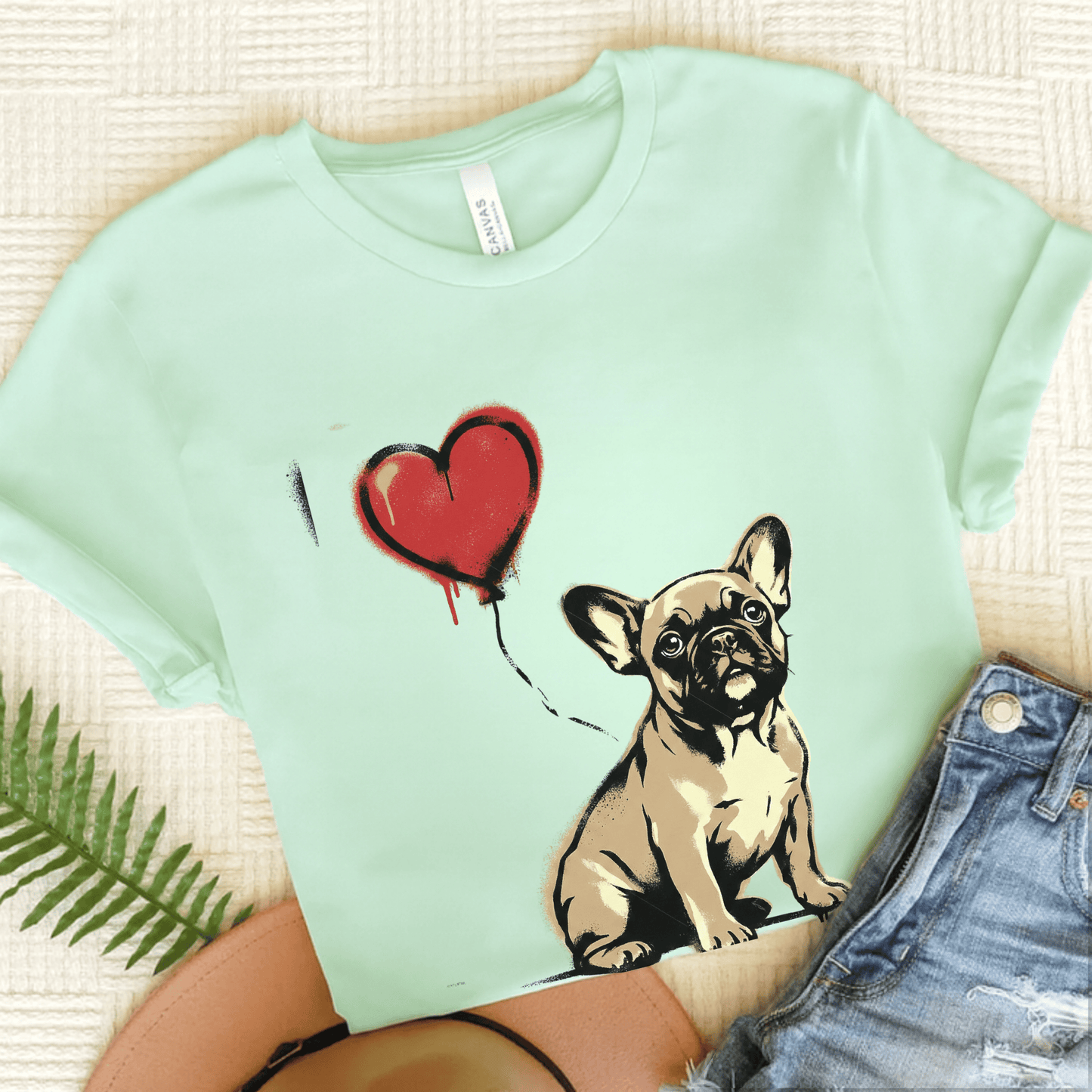 Fawn Frenchie Puppy Heart Balloon Unisex TShirt Heather Mint