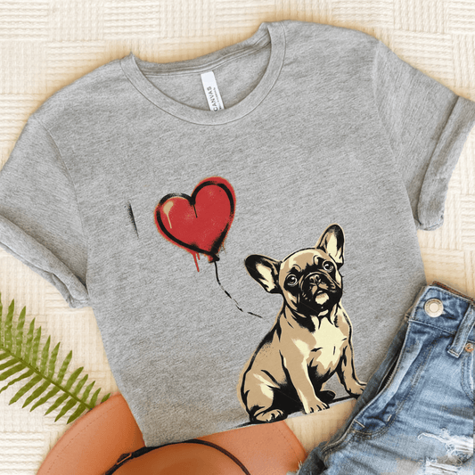 Fawn Frenchie Puppy Heart Balloon Unisex TShirt Athletic Heather