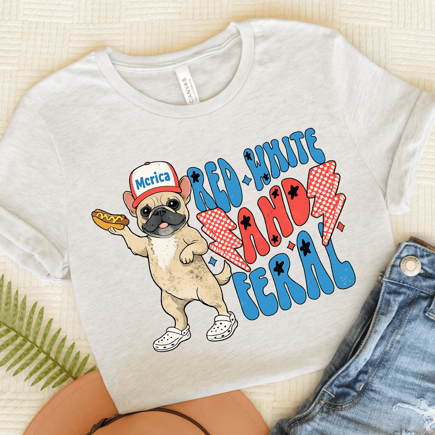 Fawn Frenchie Red White Feral 4th of July Unisex TShirt Ash