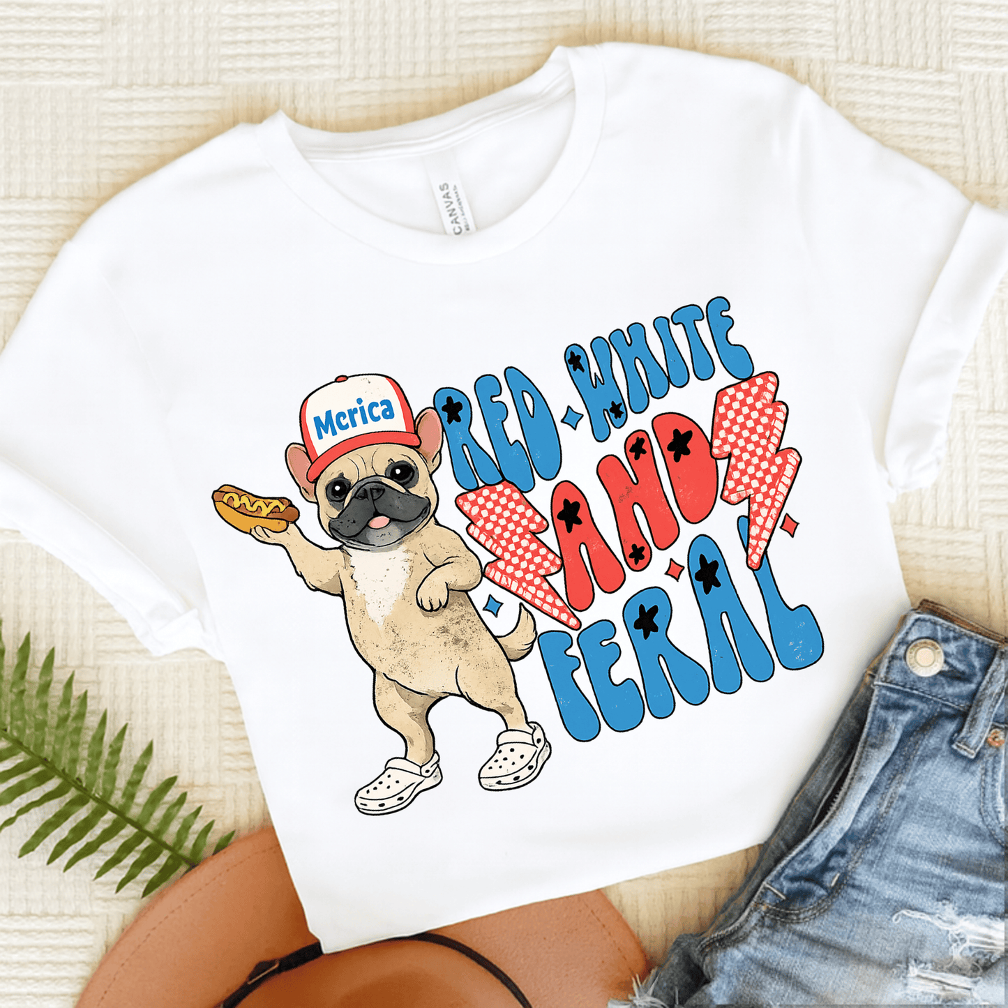 Fawn Frenchie Red White Feral 4th of July Unisex TShirt White