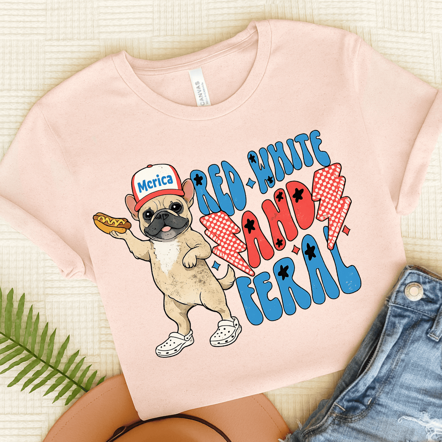 Fawn Frenchie Red White Feral 4th of July Unisex TShirt Soft Pink