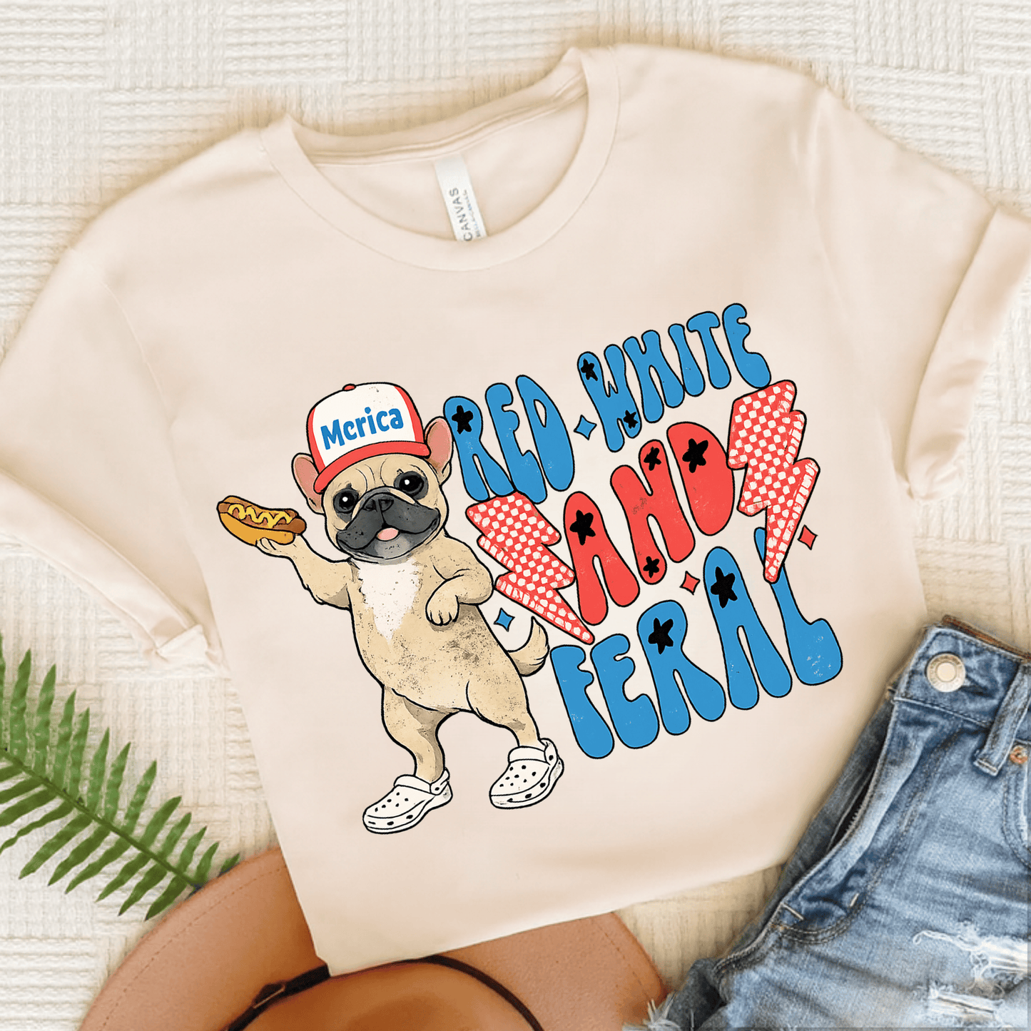 Fawn Frenchie Red White Feral 4th of July Unisex TShirt Natural