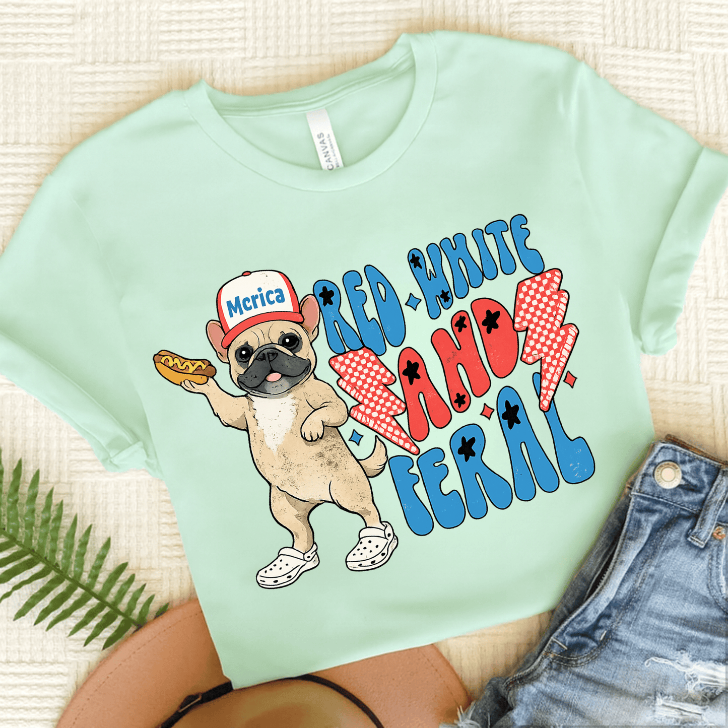 Fawn Frenchie Red White Feral 4th of July Unisex TShirt Heather Mint