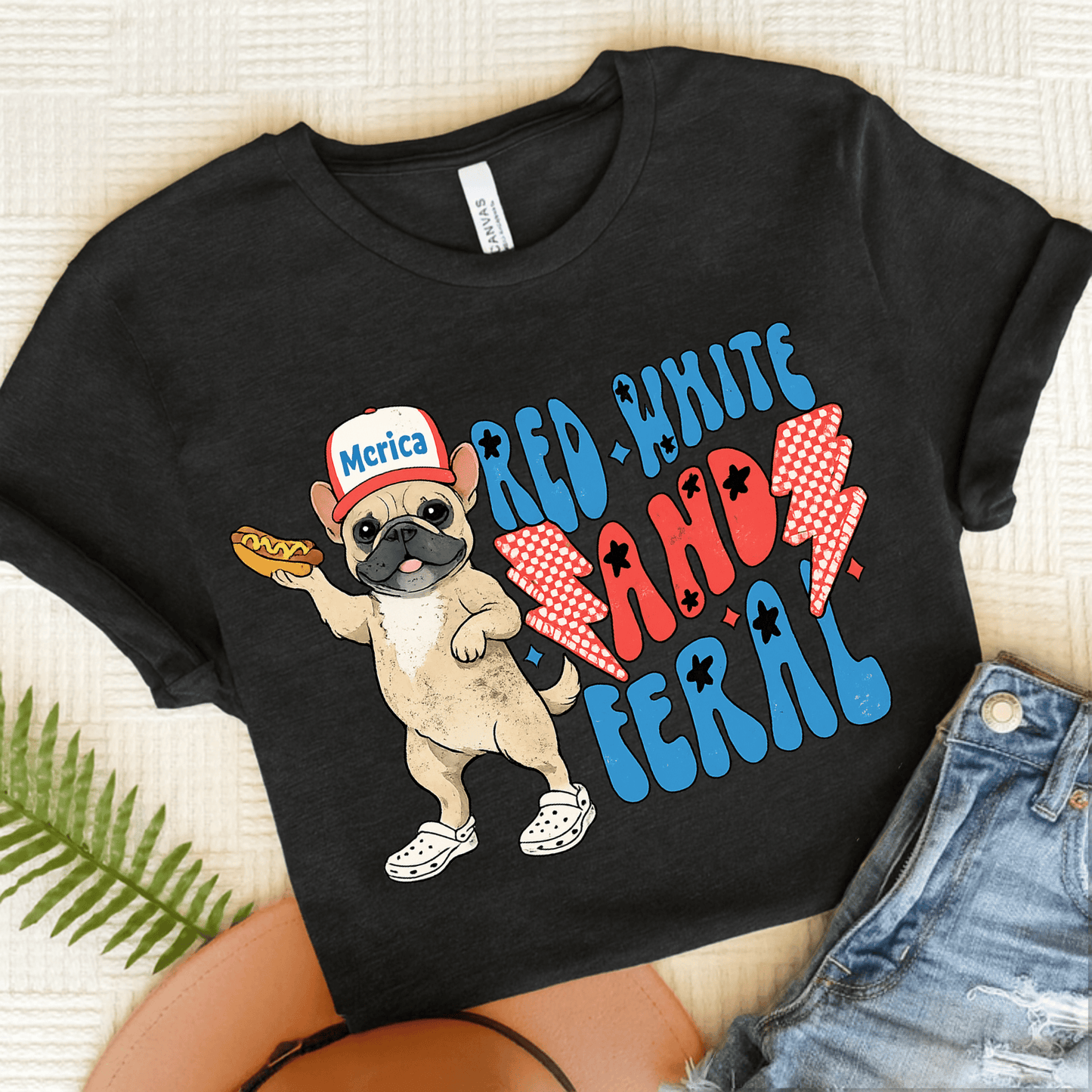Fawn Frenchie Red White Feral 4th of July Unisex TShirt Dark Grey Heather
