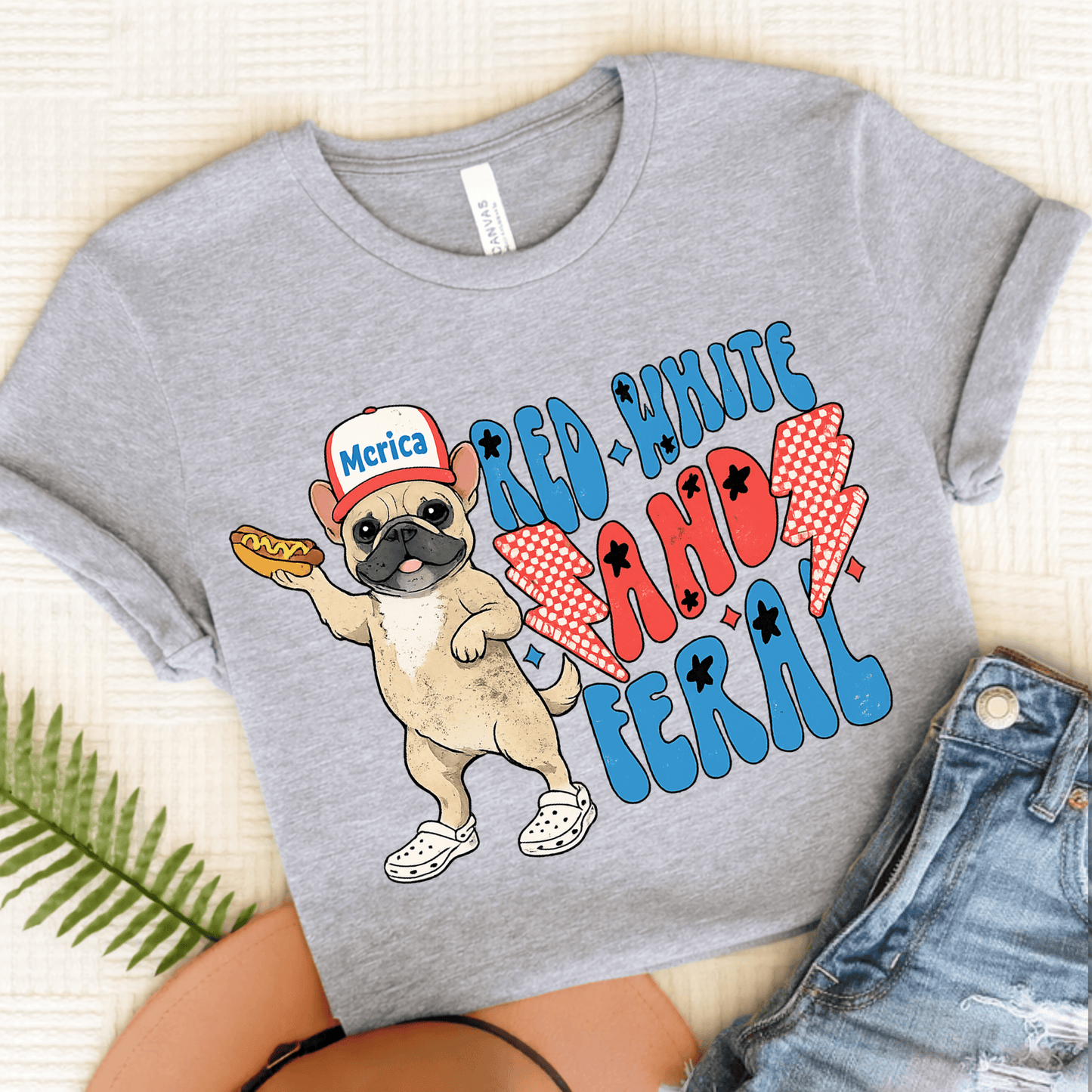 Fawn Frenchie Red White Feral 4th of July Unisex TShirt Athletic Heather