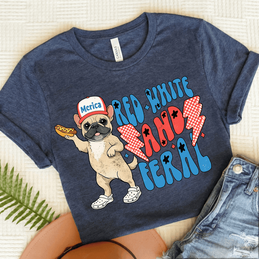 Fawn Frenchie Red White Feral 4th of July Unisex TShirt Heather Navy