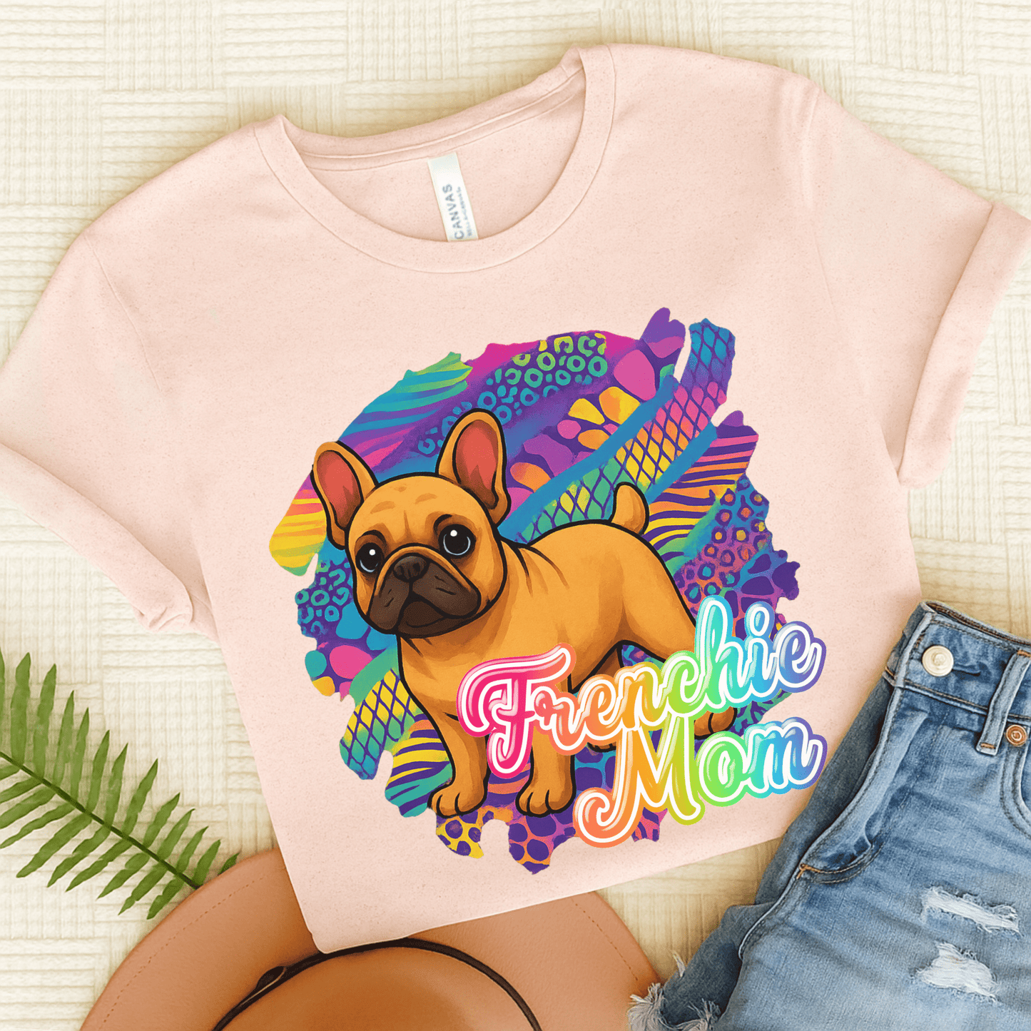 Fawn Frenchie Retro Neon Tshirt Soft Pink