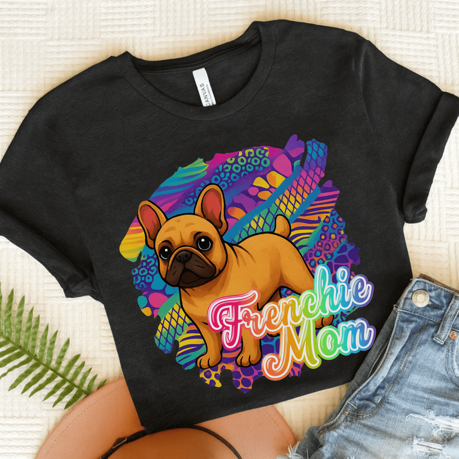 Fawn Frenchie Retro Neon Tshirt Dark Grey Heather