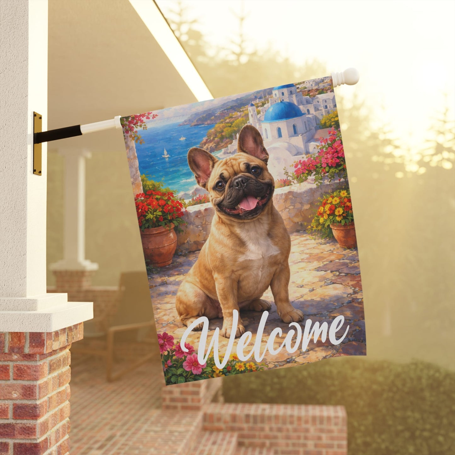 Fawn Frenchie Santorini Greece Garden Flag