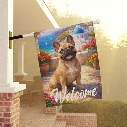 Fawn Frenchie Santorini Greece Garden Flag