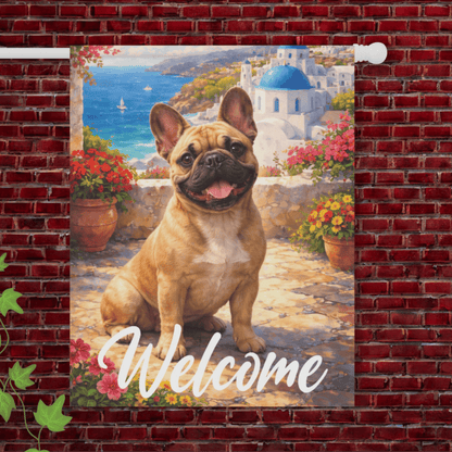 Fawn Frenchie Santorini Greece Garden Flag 24.5'' × 32''