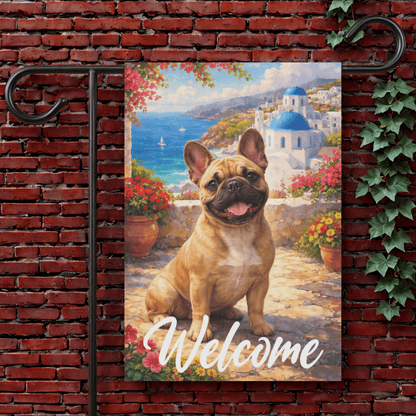 Fawn Frenchie Santorini Greece Garden Flag 12'' × 18''