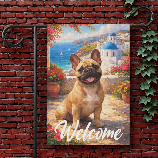 Fawn Frenchie Santorini Greece Garden Flag 12'' × 18''