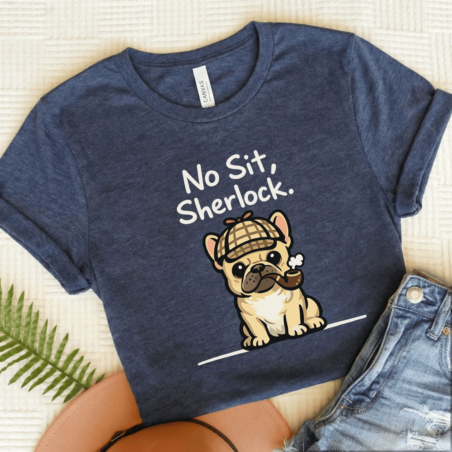 Fawn Frenchie Sherlock Holmes Unisex TShirt Heather Navy