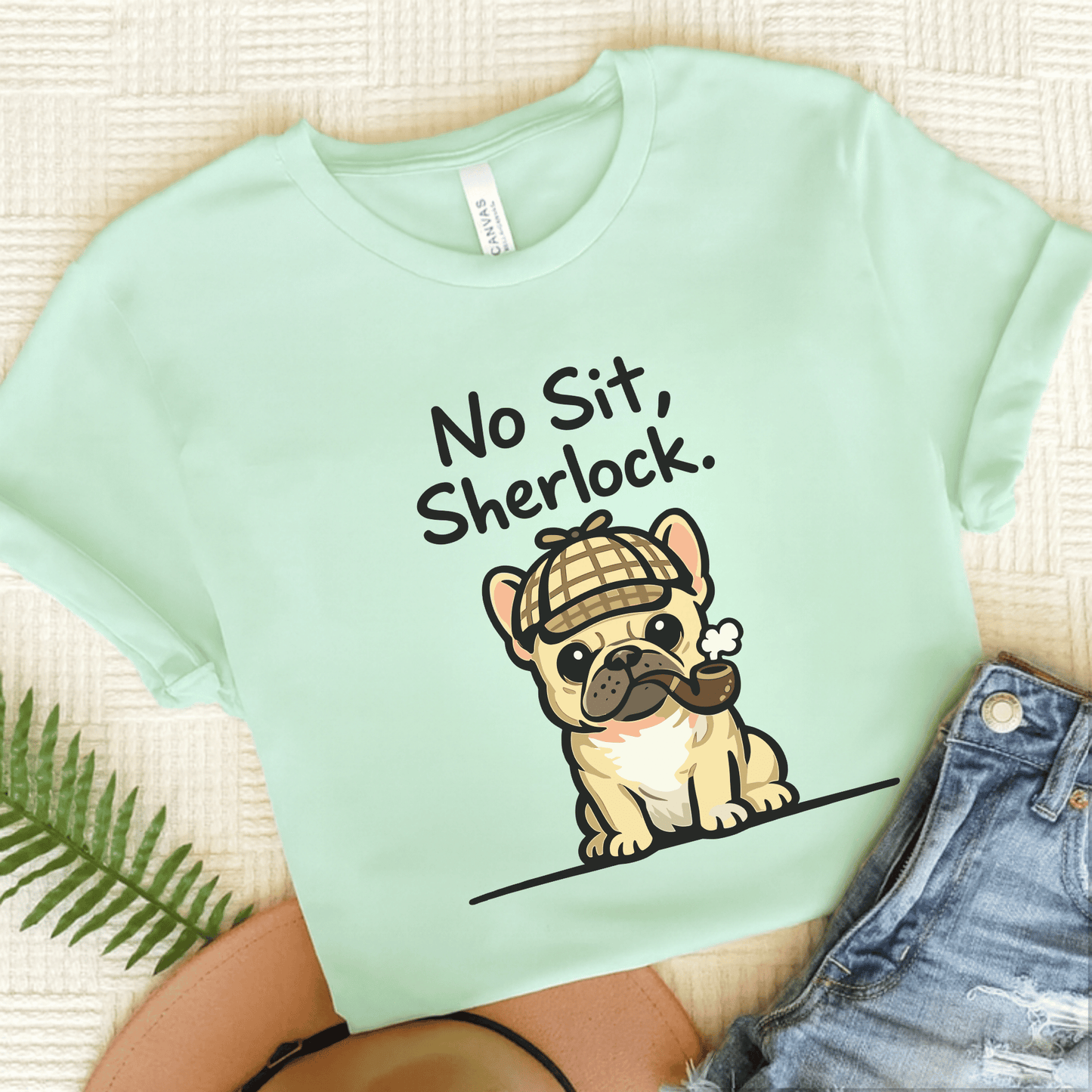 Fawn Frenchie Sherlock Holmes Unisex TShirt Heather Mint