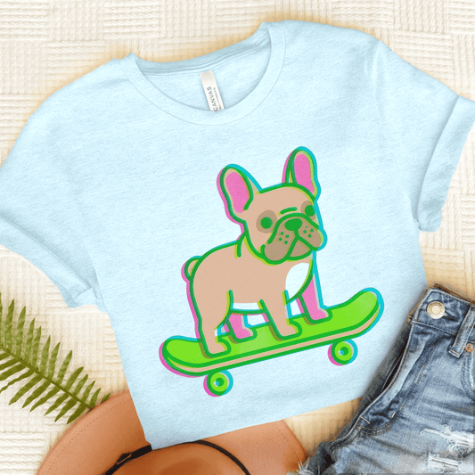 Fawn Frenchie Skateboard Risograph Unisex TShirt Heather Ice Blue